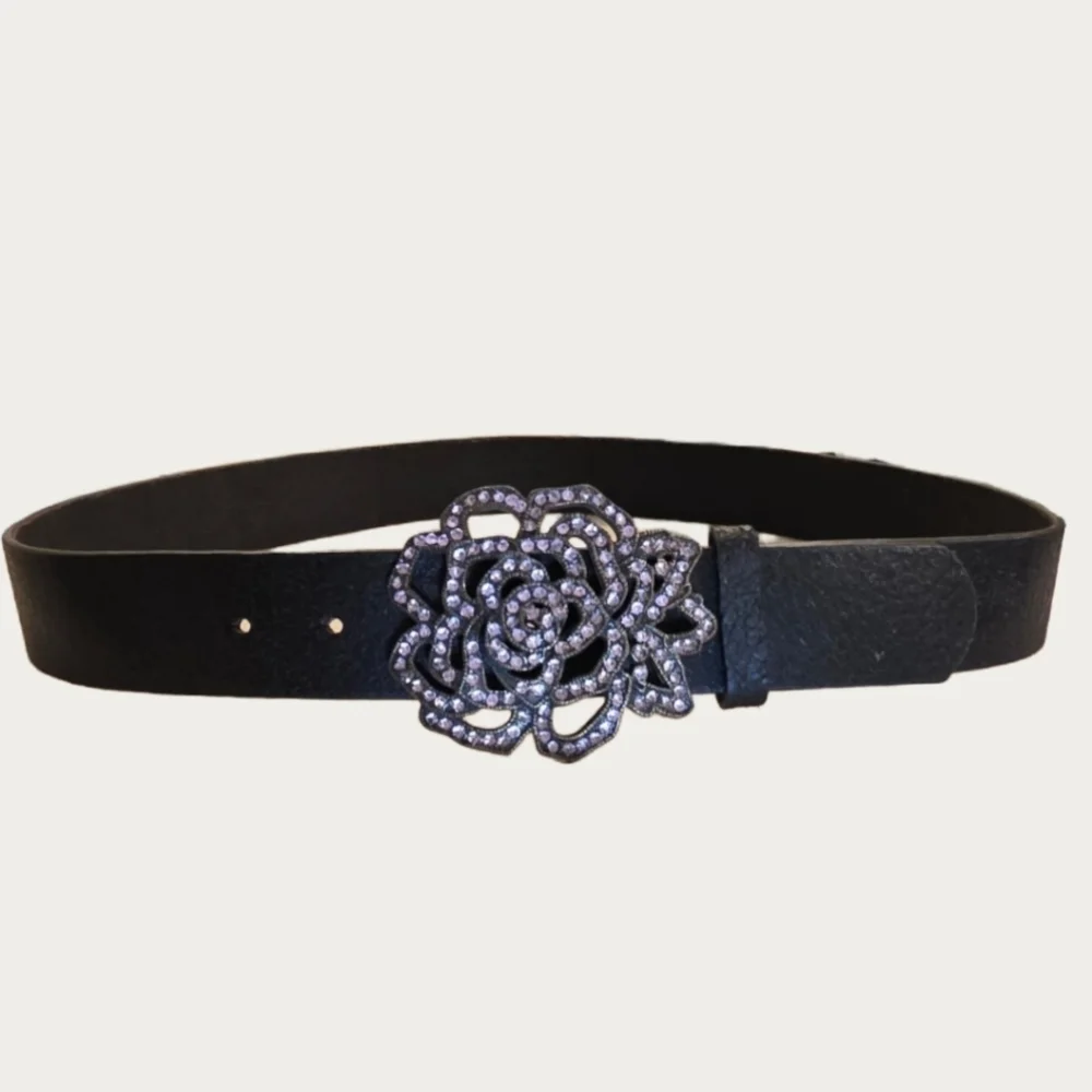 Vintage Glitz Pink Rhinestone Black Leather Belt Sz 35